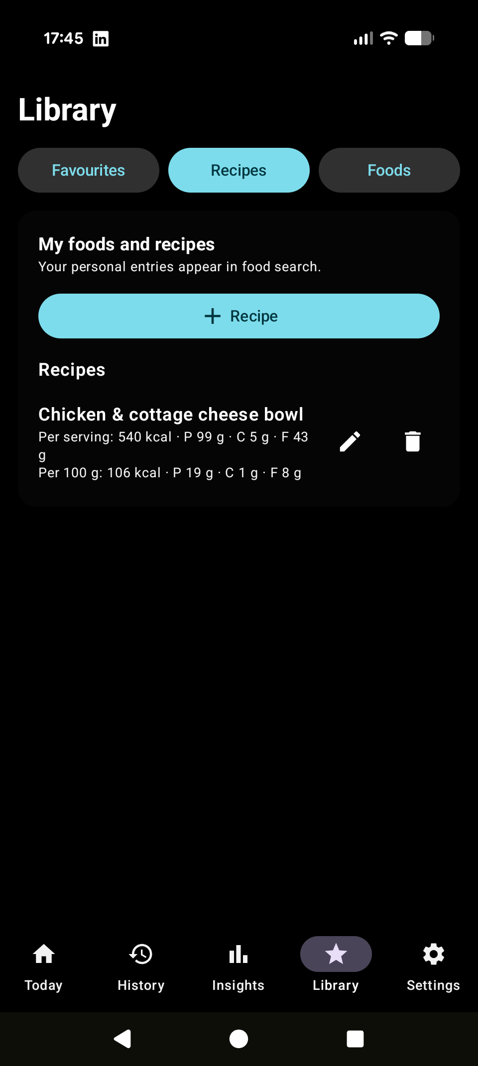 Recipe view with custom recipes