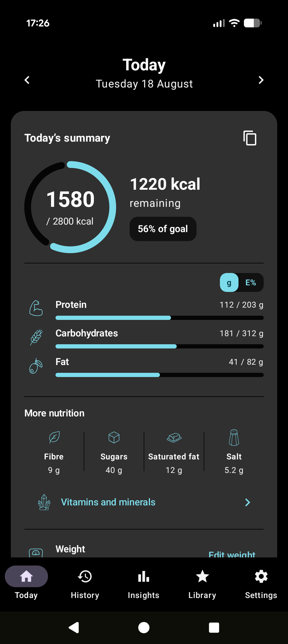 Daily view with calories, macros and meals