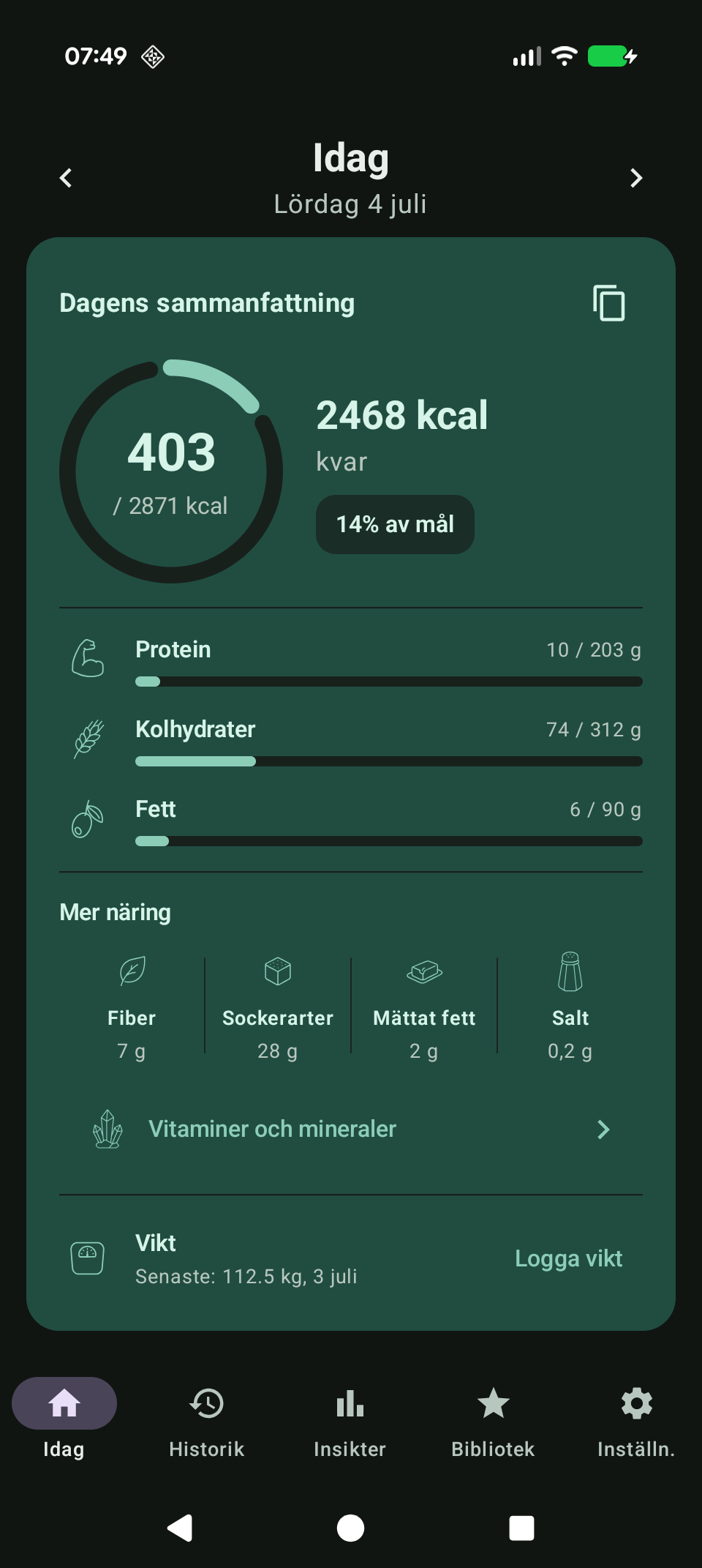 Kalorikolls dagsvy med kalorier, makron och måltider